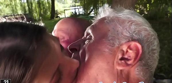  Threesome loving teen fed with oldmens cum